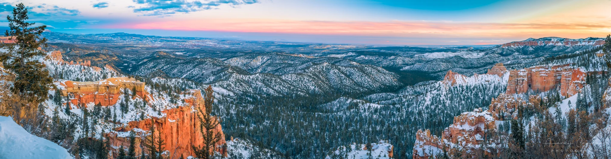 Audrey Cramer Photography's fine art landscape panorama photograph of a winter sunset view at Bryce Canyon National Park Utah