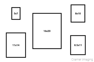 Graphic image depicting the standard or common picture frame sizes for photography and fine art by Cramer Imaging