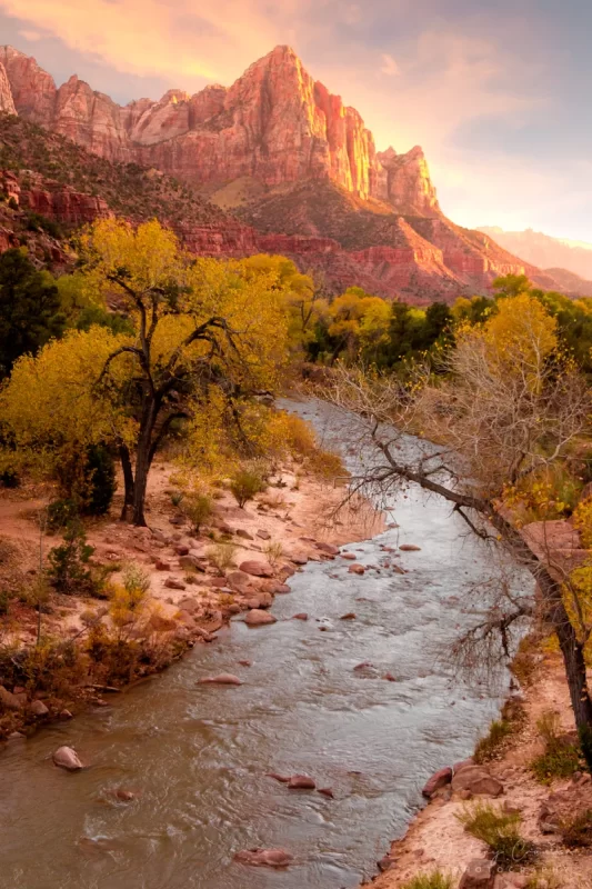 Audrey Cramer Photography's professional quality landscape photograph of the Virgin River and mountains at sunset in Zion's National Park, Utah