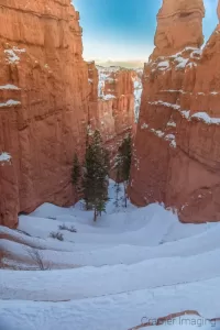 Cramer Imaging's fine art landscape photograph of switchbacks on the Navajo Loop Trail in winter at Bryce Canyon National Park Utah