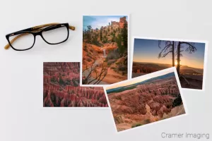 Cramer Imaging's staged photo of four landscape prints of Bryce Canyon National Park on white background with glasses