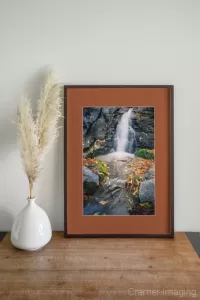 Photograph of Cramer Imaging's fine art photograph 'Fall Mini Leafy Waterfall' on the wall of a room with a desk and a fake plant