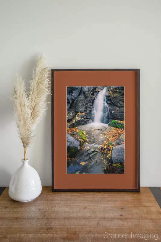 Photograph of Audrey Cramer Photography's fine art photograph 'Fall Mini Leafy Waterfall' on the wall of a room with a desk and a fake plant