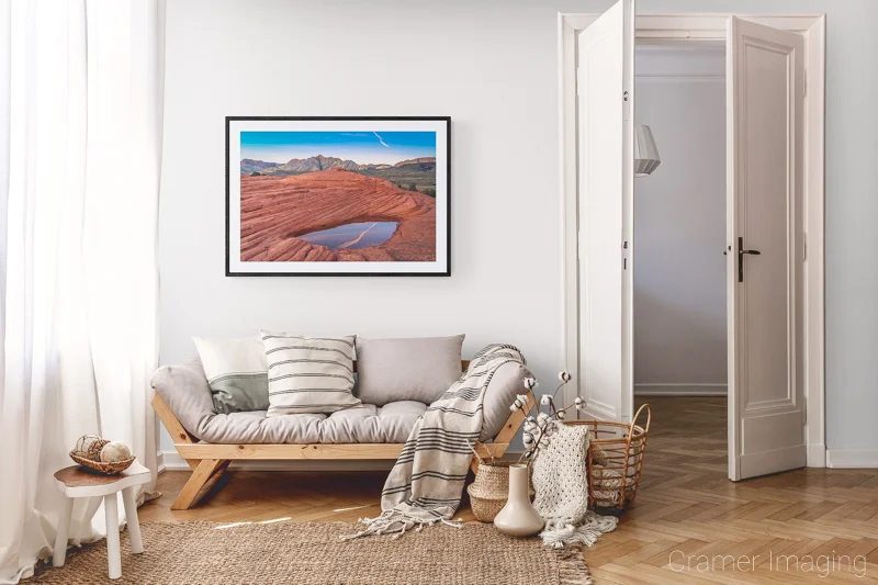 Photograph of Cramer Imaging's landscape photo "Hidden Pool" in a cozy neutral-toned living room