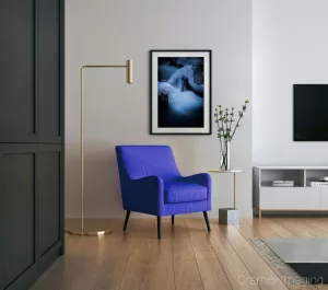 Photograph of Cramer Imaging's landscape photo titled "Ice Castle" in a living room with a blue chair