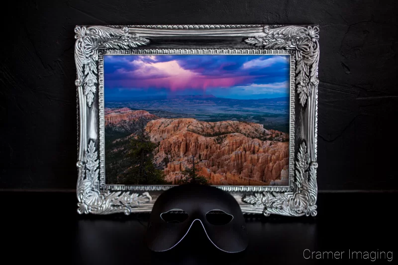 Audrey Cramer Photography's photograph of a framed "Into the Storm" with a black mask against a black gallery wall