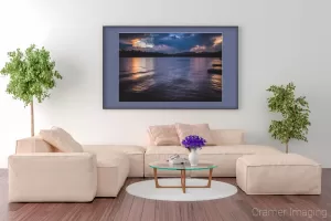 Photograph of Cramer Imaging's fine art photograph 'Island Park Reservoir' on the wall of a bright living room