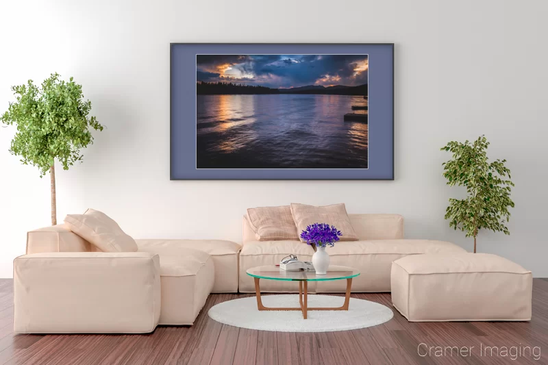 Photograph of Cramer Imaging's fine art photograph 'Island Park Reservoir' on the wall of a bright living room