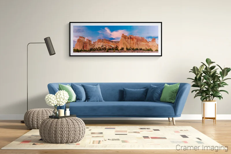 Photograph of Audrey Cramer Photography's panorama landscape photo titled "Kaiparowits Plateau" in a cozy living room