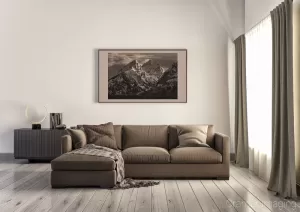 Photograph of Cramer Imaging's fine art photograph 'Misty Mountains' on the wall of a brown living room