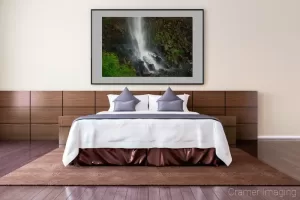 Photograph of Cramer Imaging's fine art photograph 'Moss on the Rocks' on the wall of a master bedroom room