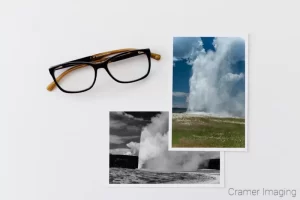 Cramer Imaging's collage of different takes on Old Faithful in Yellowstone National Park Wyoming with glasses