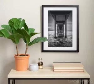 Photograph of Cramer Imaging's fine art photograph 'San Diego Pier' on the wall of a room with a desk and a fake plant