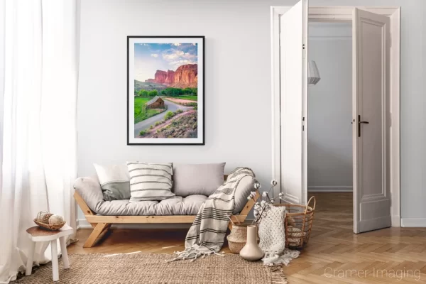 Photograph of Cramer Imaging's landscape photo "Sheltered" in a cozy neutral-toned living room