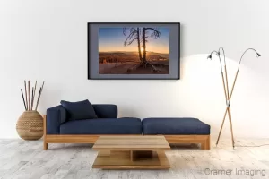 Photograph of Cramer Imaging's fine art photograph 'Sun Dance' on the wall of a sitting room with a blue lounge chair