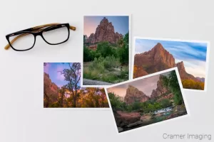 Cramer Imaging's staged photo of four landscape prints of Zion National Park on white background with glasses