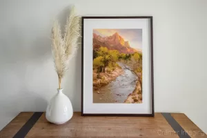 Photograph of Cramer Imaging's fine art photograph 'The Watchmen' on the wall of a room with a desk and a fake plant