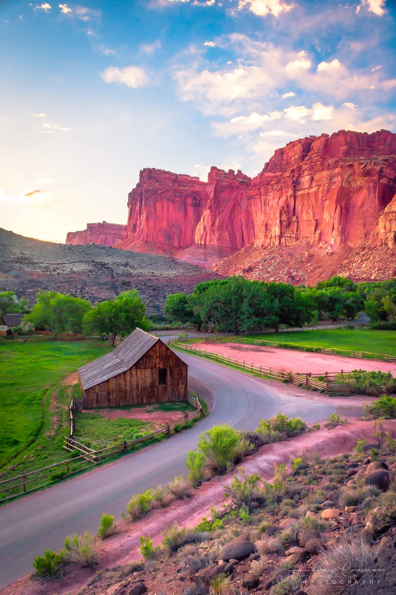 Audrey Cramer Photography's fine art landscape photograph showing sunset at the Gifford Barn of Capitol Reef National Park Utah in spring