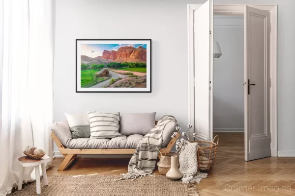 Photograph of Cramer Imaging's landscape photo "Gifford Pasture" in a cozy neutral-toned living room