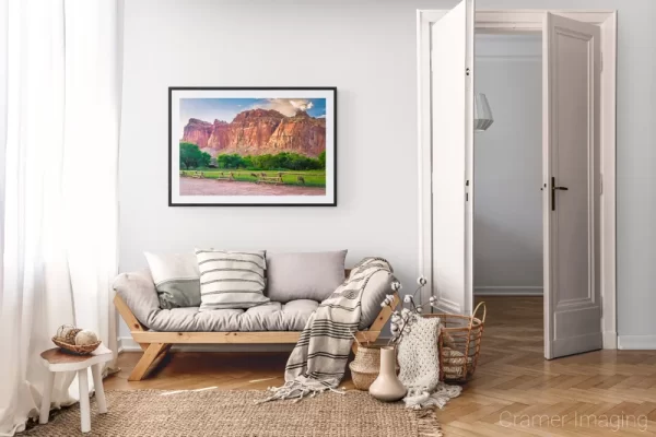 Photograph of Cramer Imaging's landscape photo "Oh Deer!" in a cozy neutral-toned living room