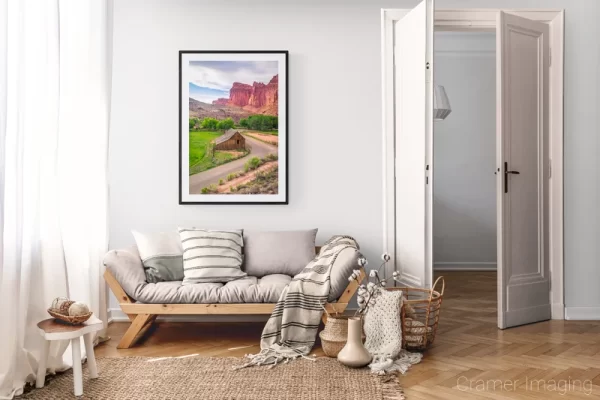 Photograph of Cramer Imaging's landscape photo "Pioneering" in a cozy neutral-toned living room