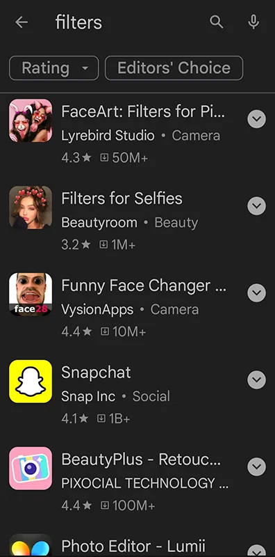 Screenshot of several different filter apps available on the app store