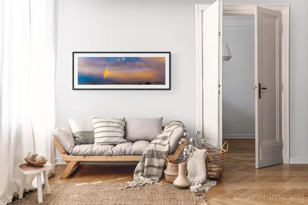 Photograph of Cramer Imaging's landscape photo "Mystic Rainbow" in a cozy neutral-toned living room