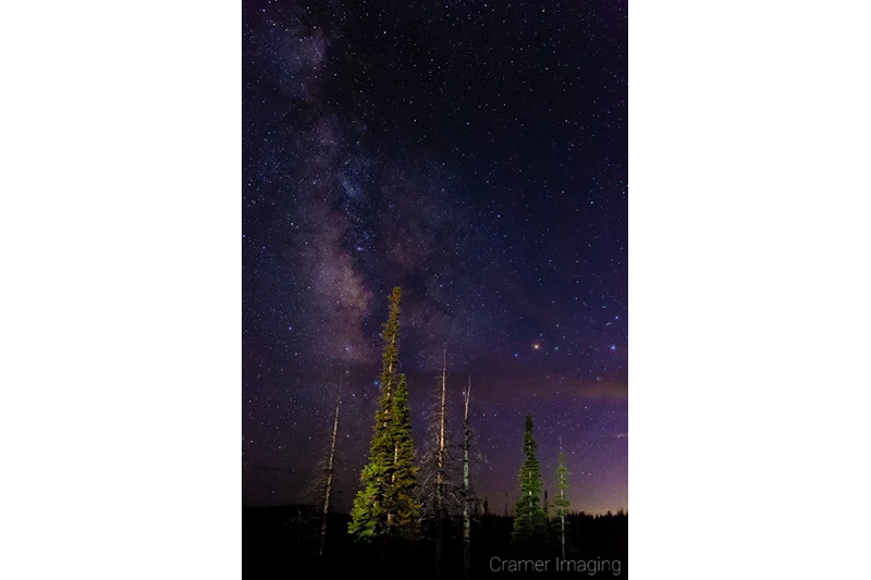 Audrey Cramer Photography's fine art astrophotography photograph of the Milky Way in the night sky with clouds and light painted trees