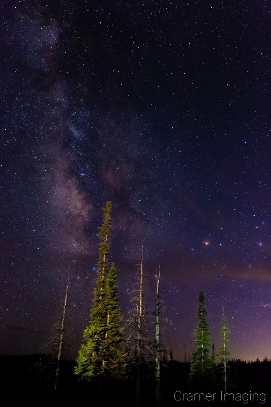 Cramer Imaging's fine art astrophotography photograph of the Milky Way in the night sky with clouds and light painted trees