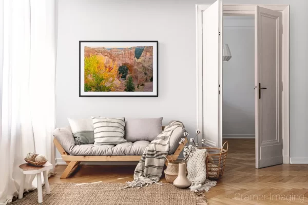 Photograph of Cramer Imaging's landscape photo "Autumn Natural Bridge" in a cozy neutral-toned living room