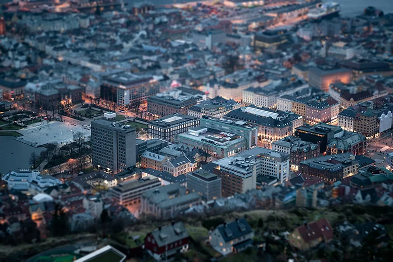 Photograph of an example of tilt-shift photography making a city appear miniature