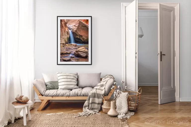 Photograph of Cramer Imaging's landscape photo "Balanced" in a cozy neutral-toned living room