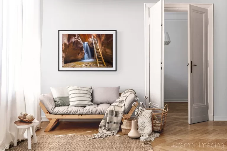 Photograph of Cramer Imaging's landscape photo "Kanarra Falls" in a cozy neutral-toned living room