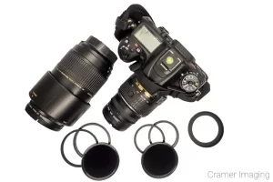 Photo of a Nikon camera with lenses, filters, step-up/step-down ring and filter holders: the Xume Filter system