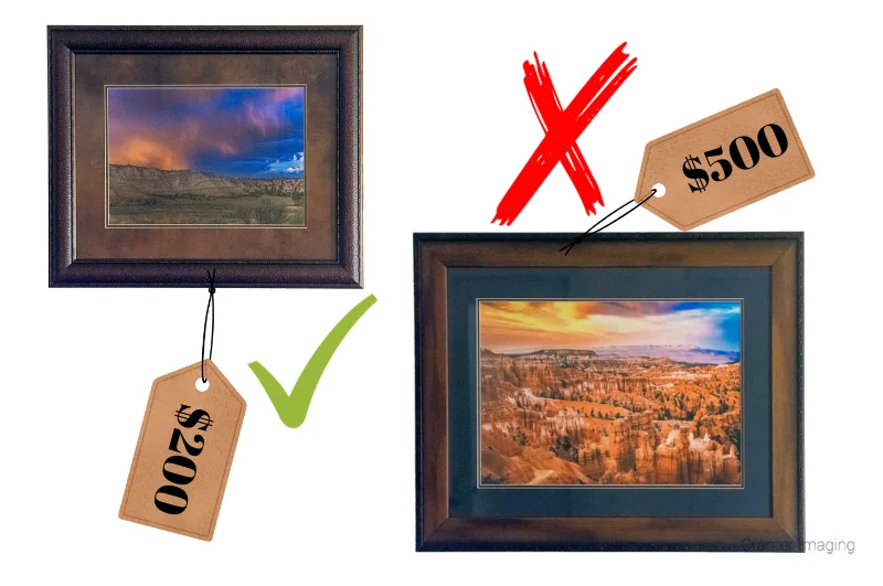 Graphic of a cheaper price for a framed print of Audrey Cramer Photography's "Cannonville Rainbow" compared to "Sunset at Bryce"