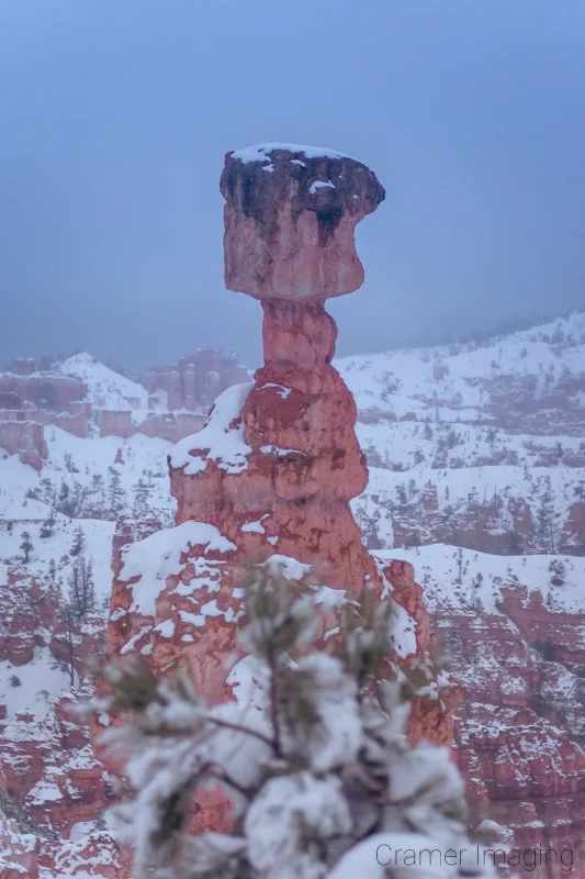 Audrey Cramer Photography's fine art landscape photograph of a frozen snowy landscape with Thor's Hammer hoodoo in Bryce Canyon National Park Utah