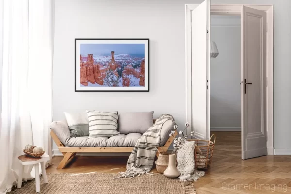 Photograph of Cramer Imaging's landscape photo "Forged in Ice" in a cozy neutral-toned living room