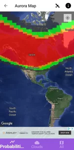 Screenshot of an aurora tracker taken on 5-10-24 showing high aurora viewing probability thanks to a solar storm