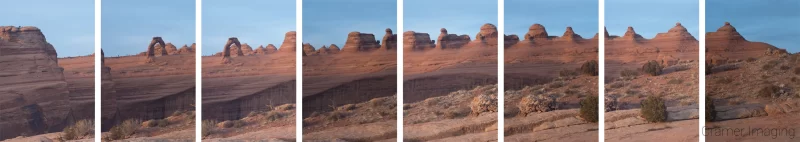 Panel of 8 images which create a panorama of Delicate Arch