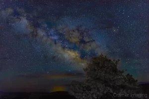 Cramer Imaging's fine art landscape photograph of the Milky Way rising over Bryce Canyon National Park Utah and aligning with a tree