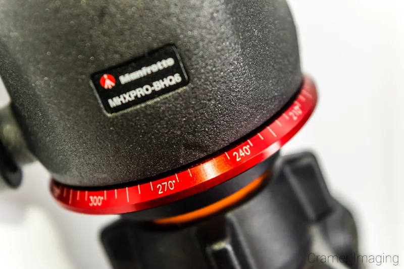 Audrey Cramer Photography's closeup photo of the degree ring of the Manfrotto XPRO ballhead tripod head