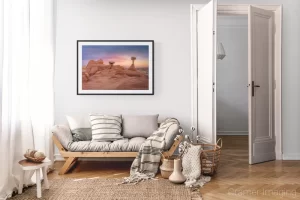 Photograph of Cramer Imaging's landscape photo "Toadstools" in a cozy neutral-toned living room