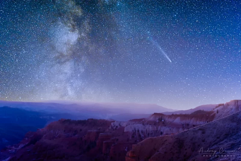 Cramer Imaging's fine art landscape photograph of the Milky Way and the C/2023 A3 Tsuchinshan-ATLAS comet over a slightly snowy Cedar Breaks National Monument, Utah