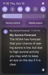 Screenshot of a weather notification from My Aurora Forecast telling of low visibility chances for an aurora