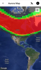 Screenshot of an aurora visibility predictor showing high probability of seeing an aurora over North America