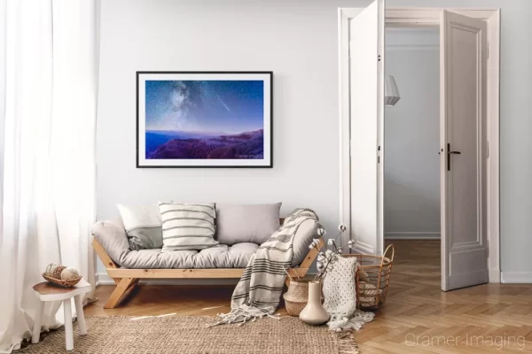 Photograph of Cramer Imaging's landscape photo "The Infinite Frontier" in a cozy neutral-toned living room