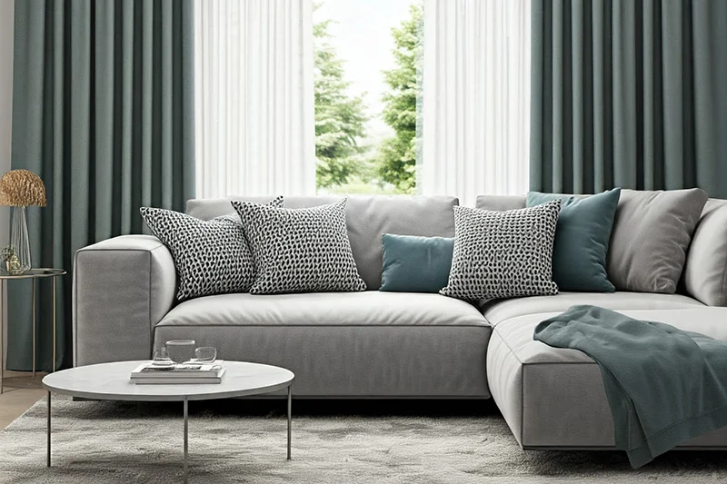 Image of a cool palette living room with a sofa, throw pillows, coffee table, wall art, curtains, and window