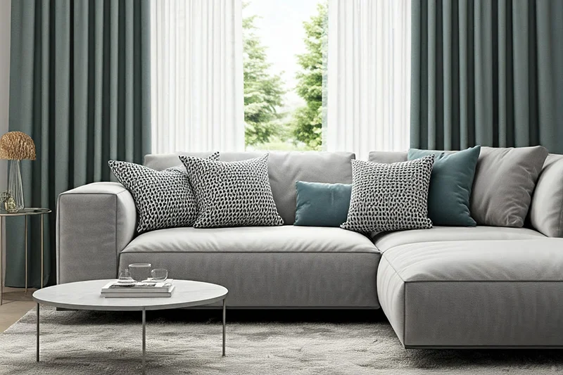 Image of a cool palette living room with a sofa, throw pillows, coffee table, curtains, and window featuring different throw pillows and curtains