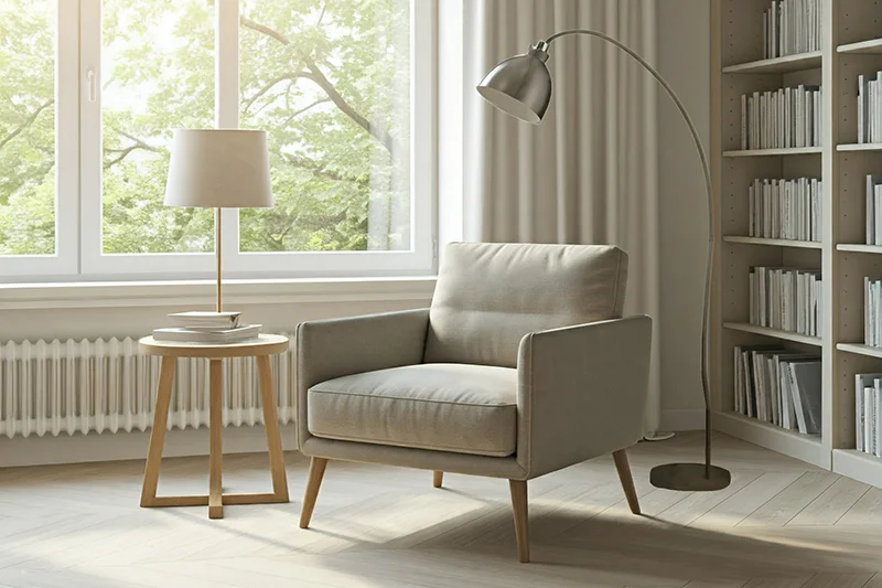 Image of a clean and bright living room with a chair, table, standing floor lamp, window with curtains, and book shelf