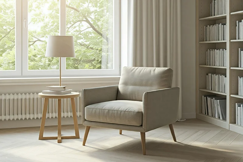 Image of a clean and bright living room with a chair, table, lamp, window with curtains, and book shelf